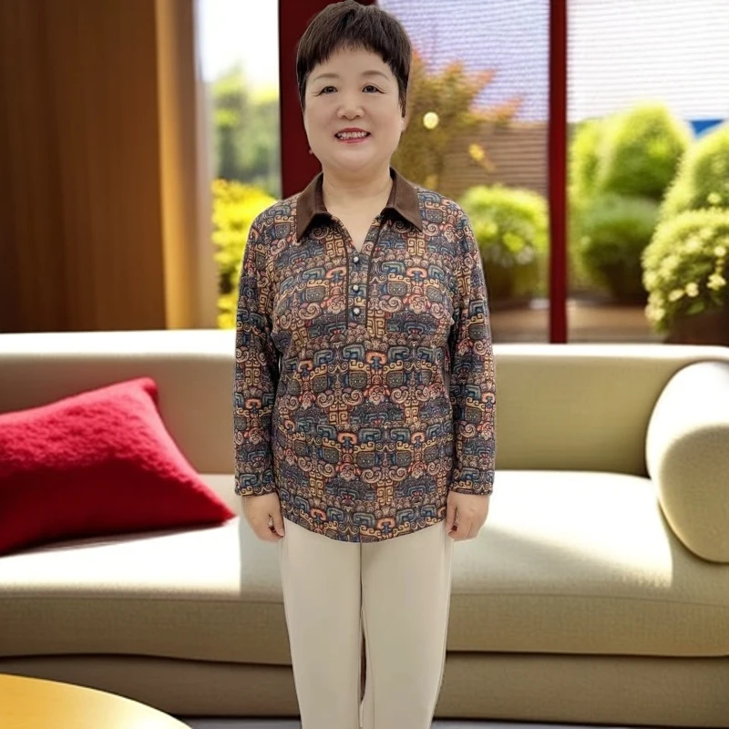 秋季时髦中老年妈妈装翻领长袖气质时尚休闲小衫上衣8816