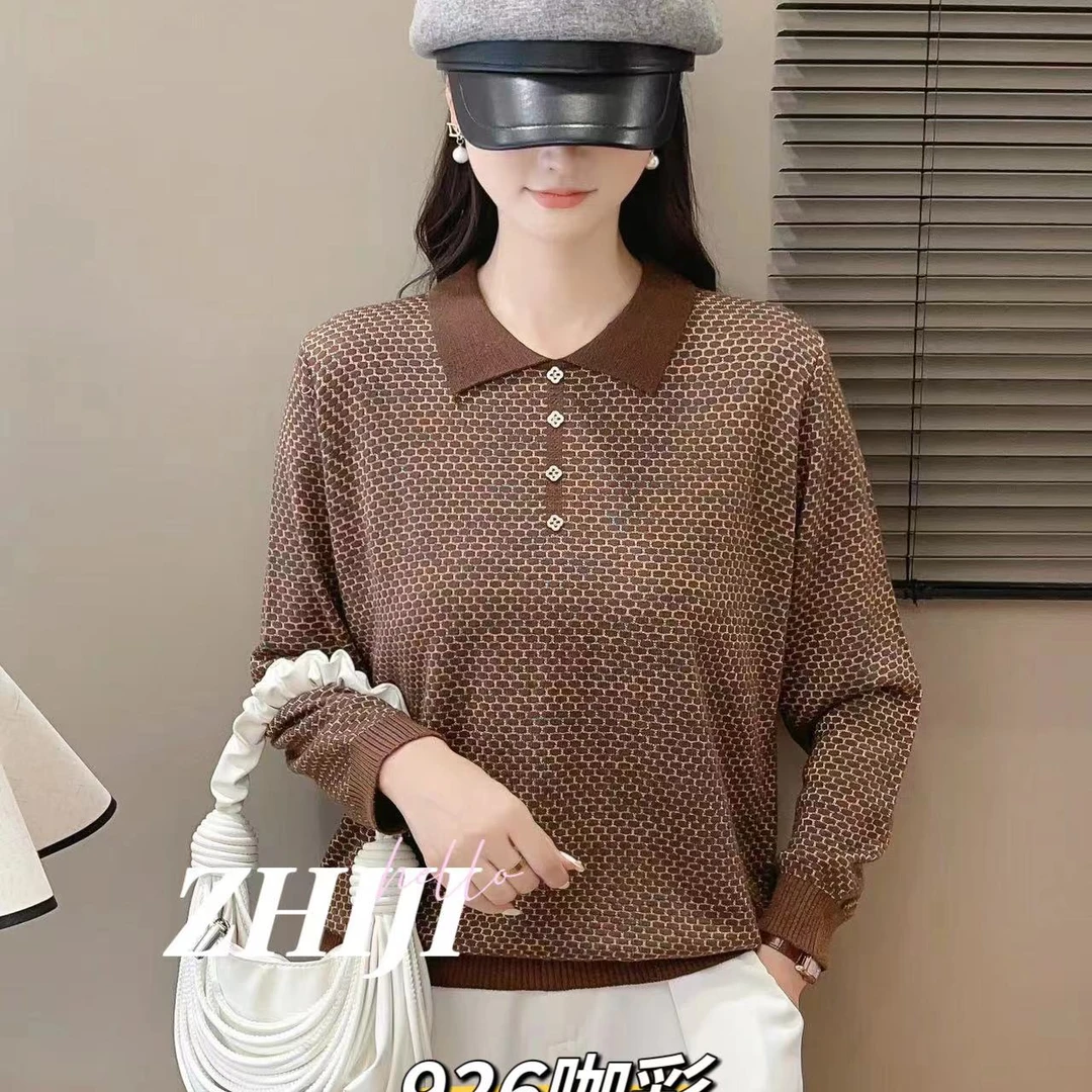 秋季时髦中老年妈妈装翻领长袖洋气宽松针织打底衫926