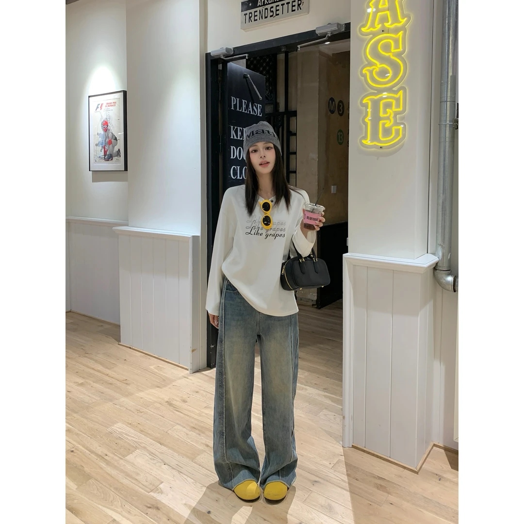 我是你的cc阿 设计感小众分割长裤女冬季显瘦加绒毛边水洗牛仔裤