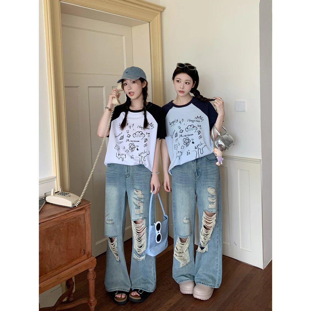 我是你的cc阿 胖mm小众阔腿裤女夏季高腰薄款显瘦破洞牛仔裤