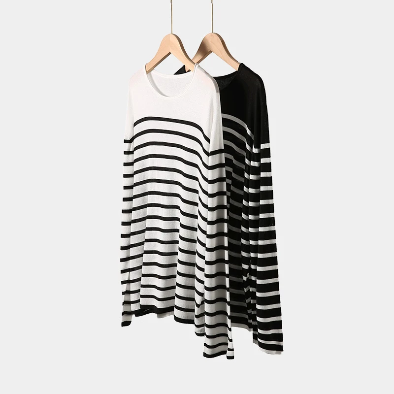 黑白条纹长袖针织衫女圆领宽松显瘦时尚百搭上衣薄款-TSS7067