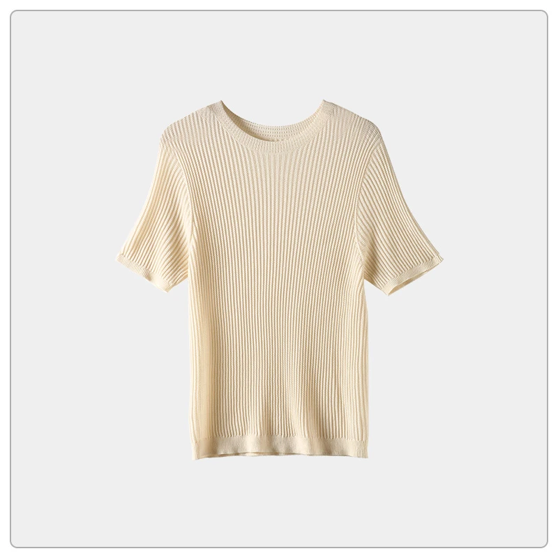 尤莱特轻奢简约纯色圆领坑条短袖针织衫--LXS7834