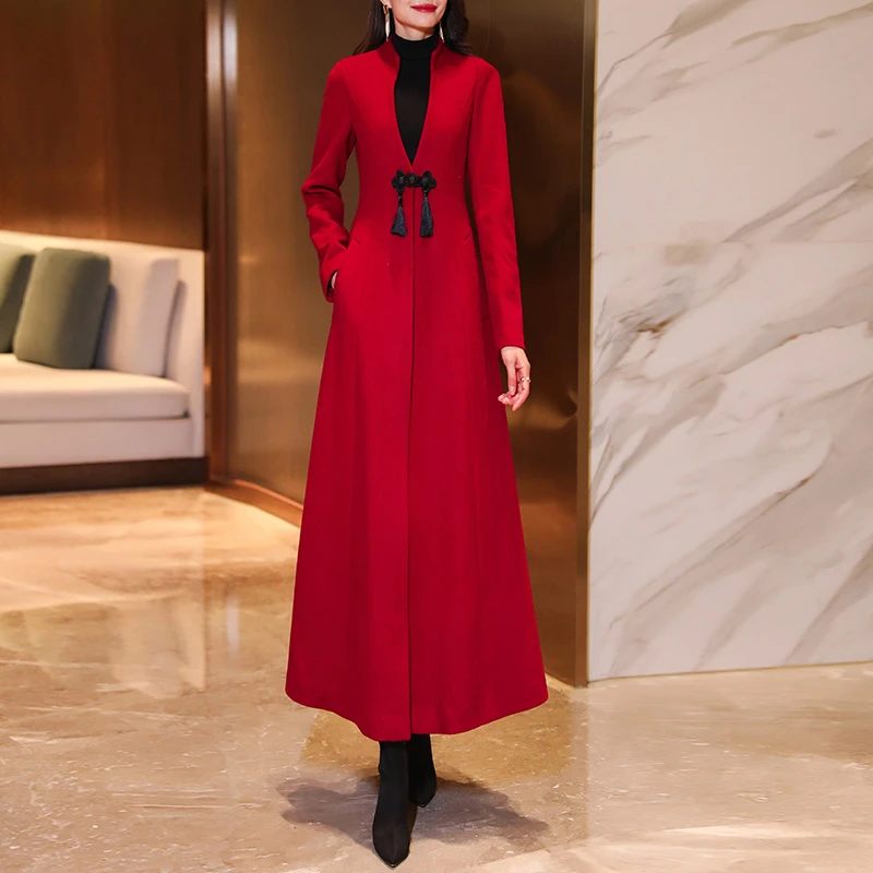 中国风红色羊毛大衣女长款2023秋冬修身收腰过膝中长款毛呢外套厚
