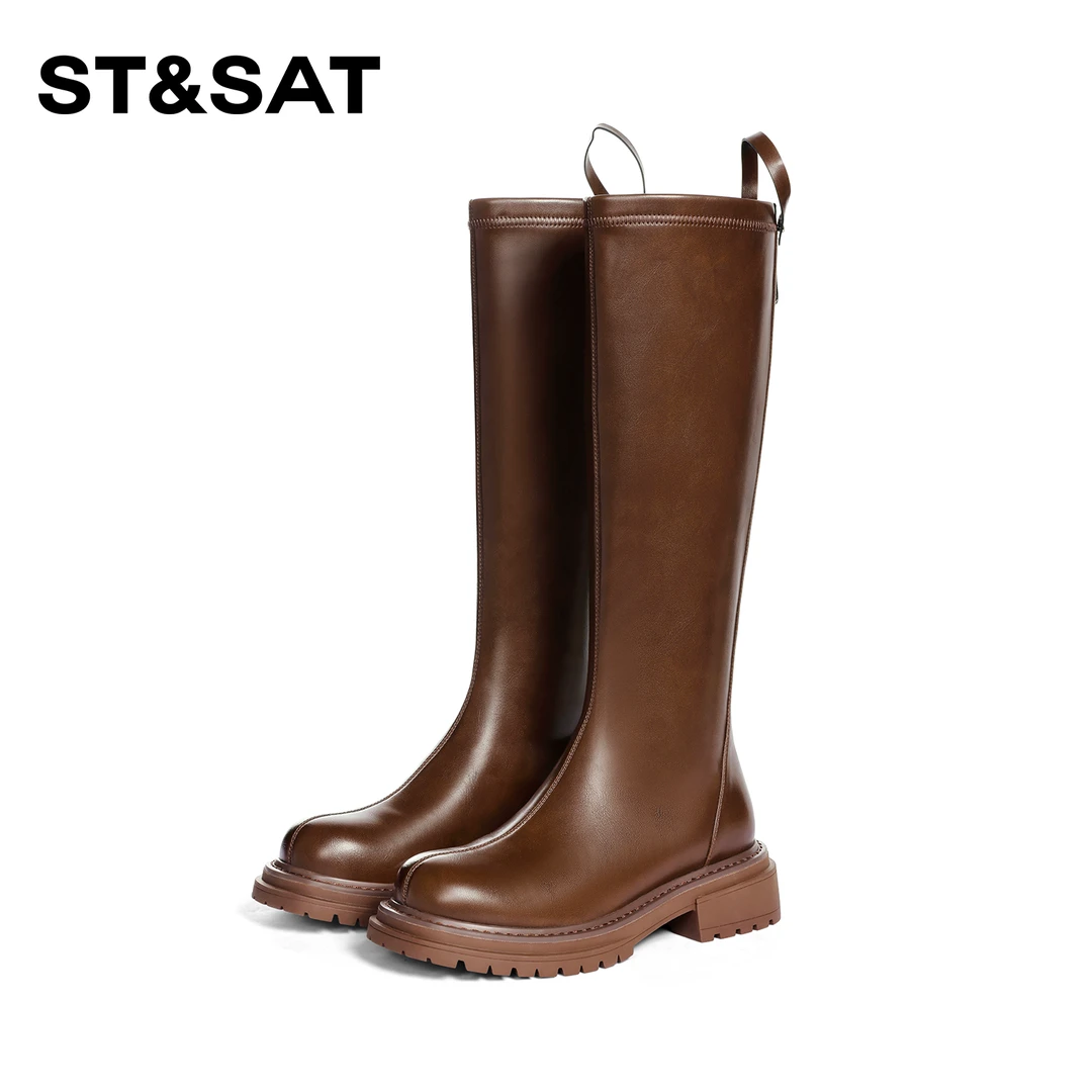 St&Sat/星期六骑士靴女2025蛇年新款时尚百搭英伦圆头增高长筒靴