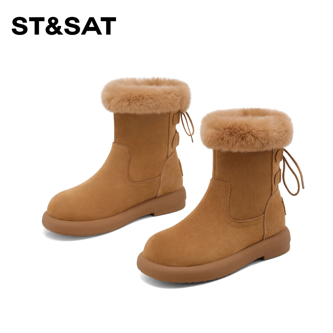 St&Sat/星期六时尚百搭纯色加绒雪地靴2025年新款保暖舒适短靴女