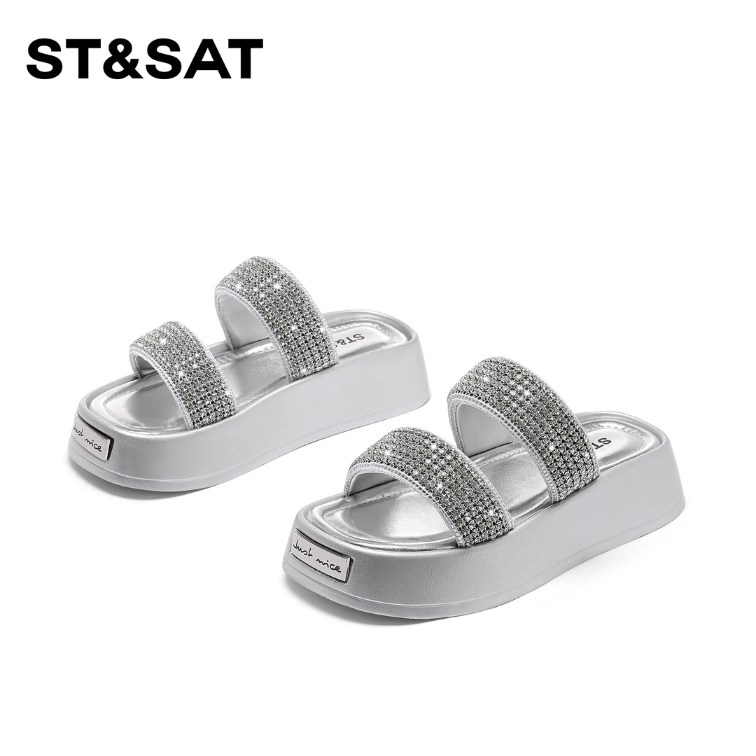St&Sat/星期六休闲一字拖鞋2025新款银色百搭半拖女度假穿搭