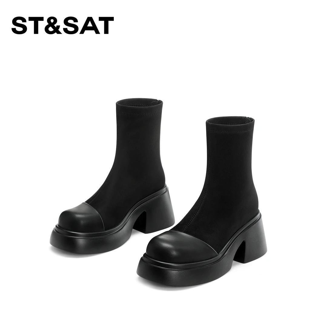 St&Sat/星期六短靴2025蛇年新款成熟风时尚百搭显瘦粗跟时装靴