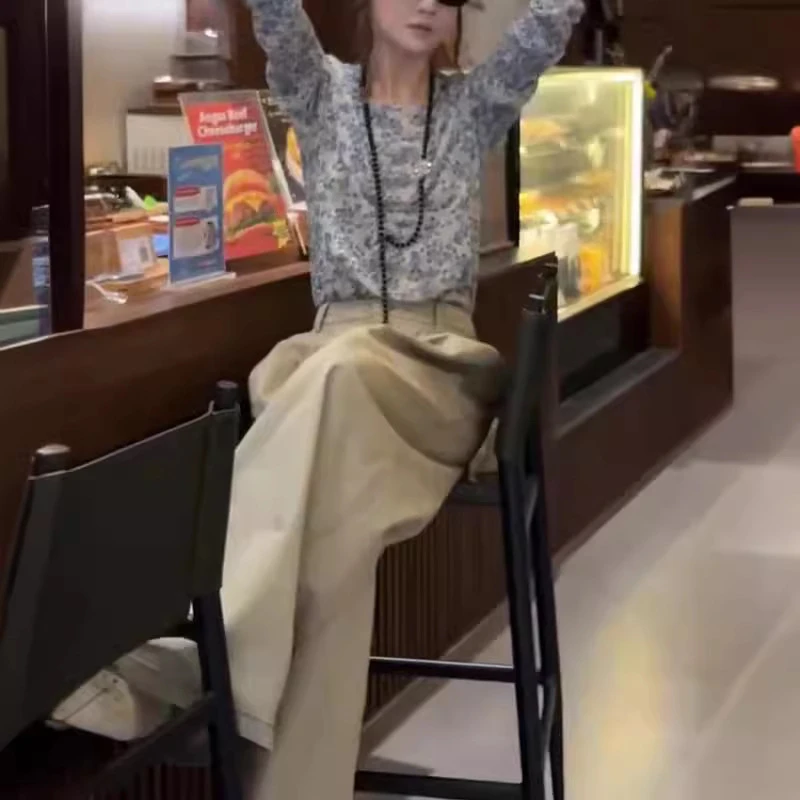 2025春夏新款蓝色波点简约长袖T恤休闲直筒裤女潮