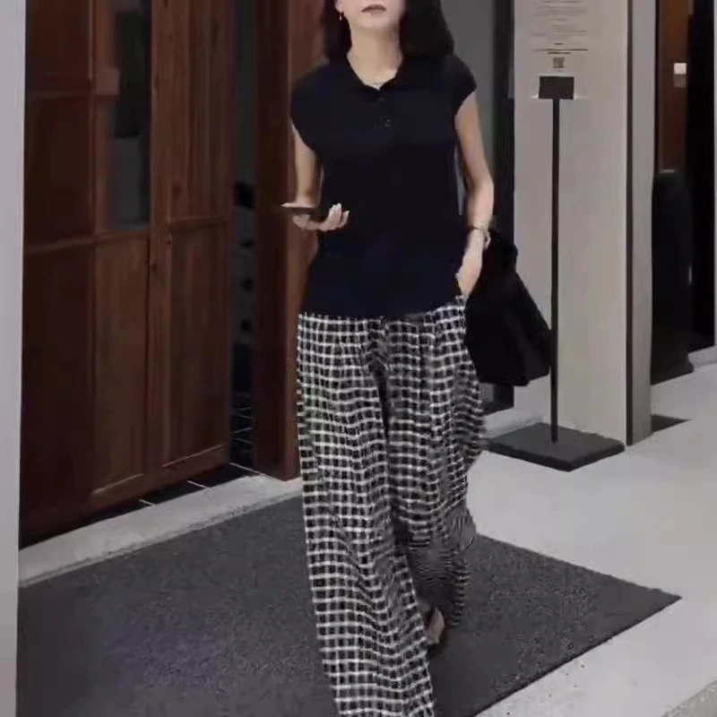 2024夏季新款时尚静版短袖t恤休闲阔腿格裤洋气女