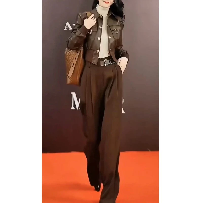 秋冬新款时尚帅气皮衣外套高腰阔腿裤子女装