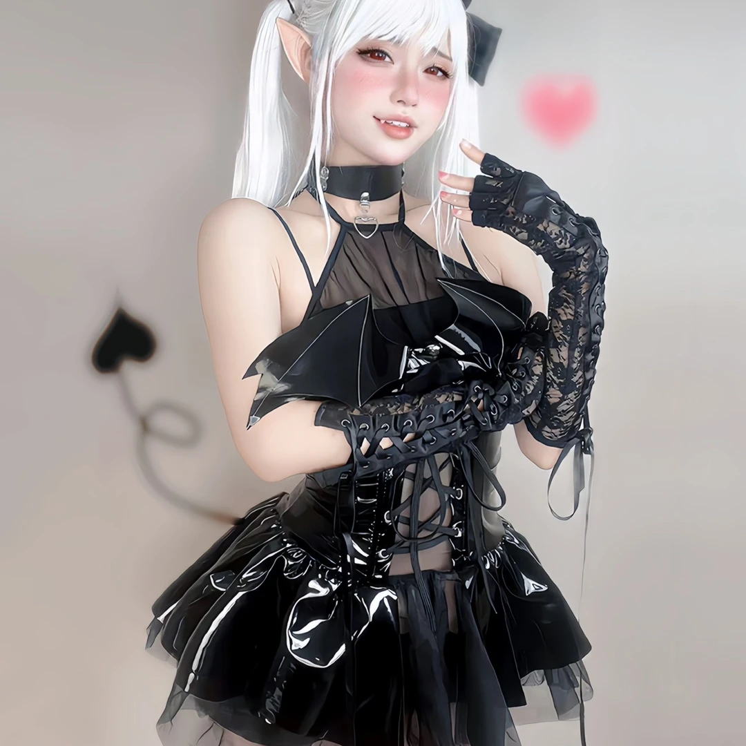 【纯爱馆】小恶魔漆皮连衣裙性感亮面pu蝙蝠绑带热辣短裙套装皮裙