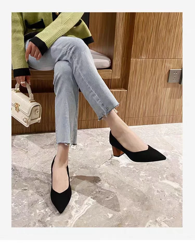 肥仔女鞋 9527 新款时尚百搭气质粗跟尖头女士单鞋软底