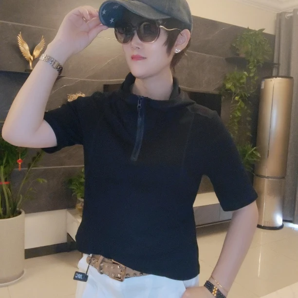 夏季休闲百搭短袖连帽卫衣