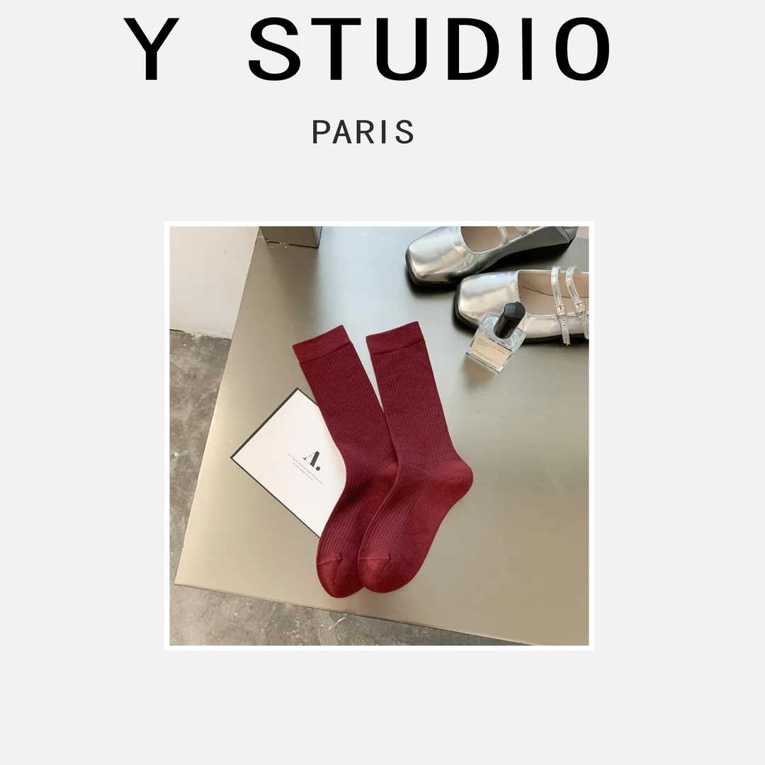 Y.STUDIO秋冬色系堆堆袜中筒袜纯色好搭配百搭红色复古高筒