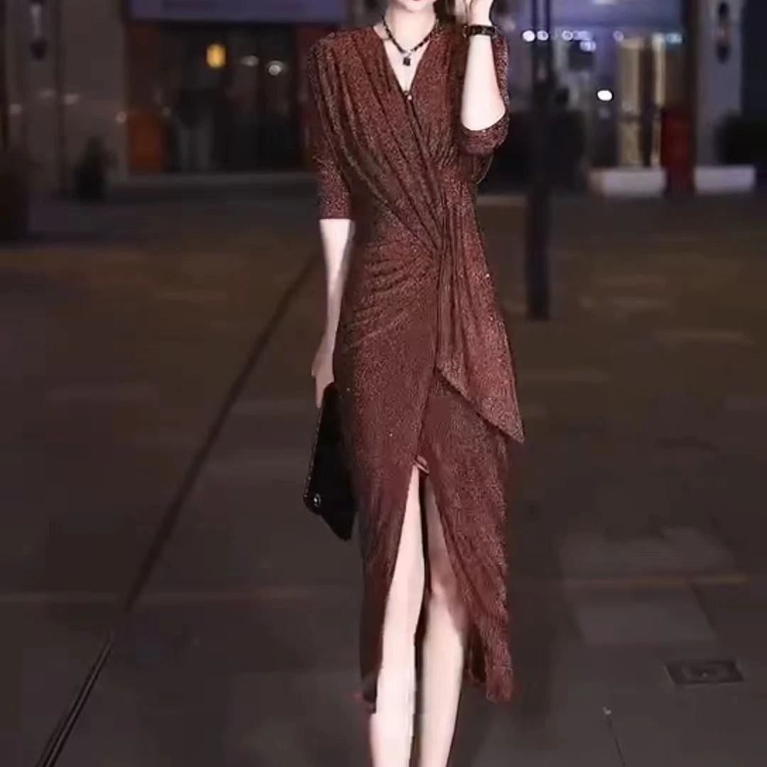 新款时尚气质修身显瘦V领优雅连衣裙b