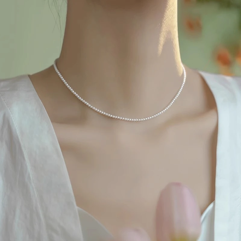 铜合金仿珍珠项链 2mm巨细施家正圆强光珍珠项链女气质百搭锁骨链
