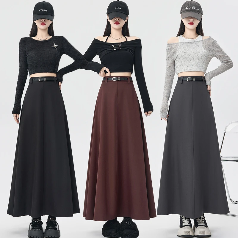 大码高个子安可拉红西装半身裙秋冬新款高腰显瘦A字大摆伞裙长裙