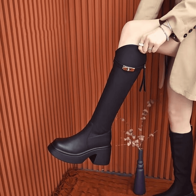 2024秋冬新爆款粗跟厚底骑士靴女不过膝长筒靴款防滑高跟马丁靴潮