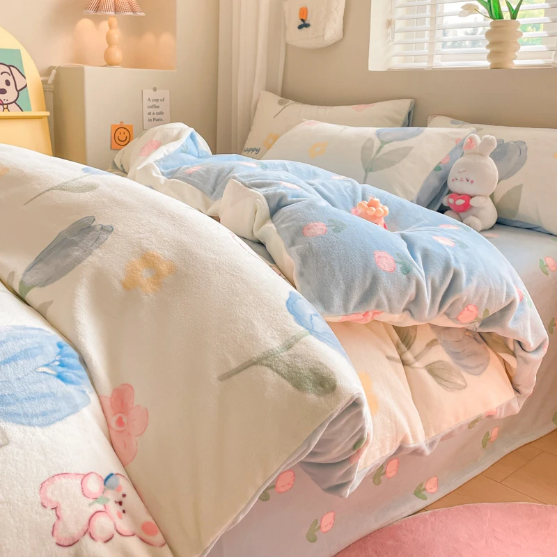 冬季加厚牛奶绒床上四件套加绒保暖珊瑚法兰绒床单被套床品三件套