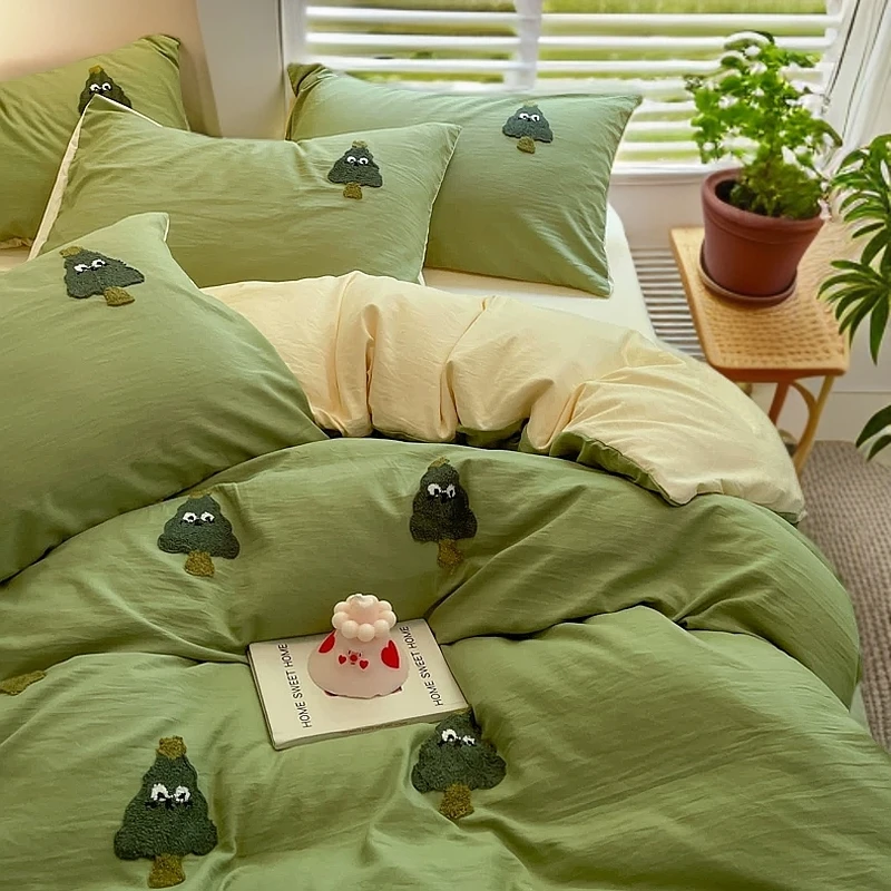 水洗棉毛巾绣四件套小清新床上用品非全棉纯棉床单被套宿舍床笠三