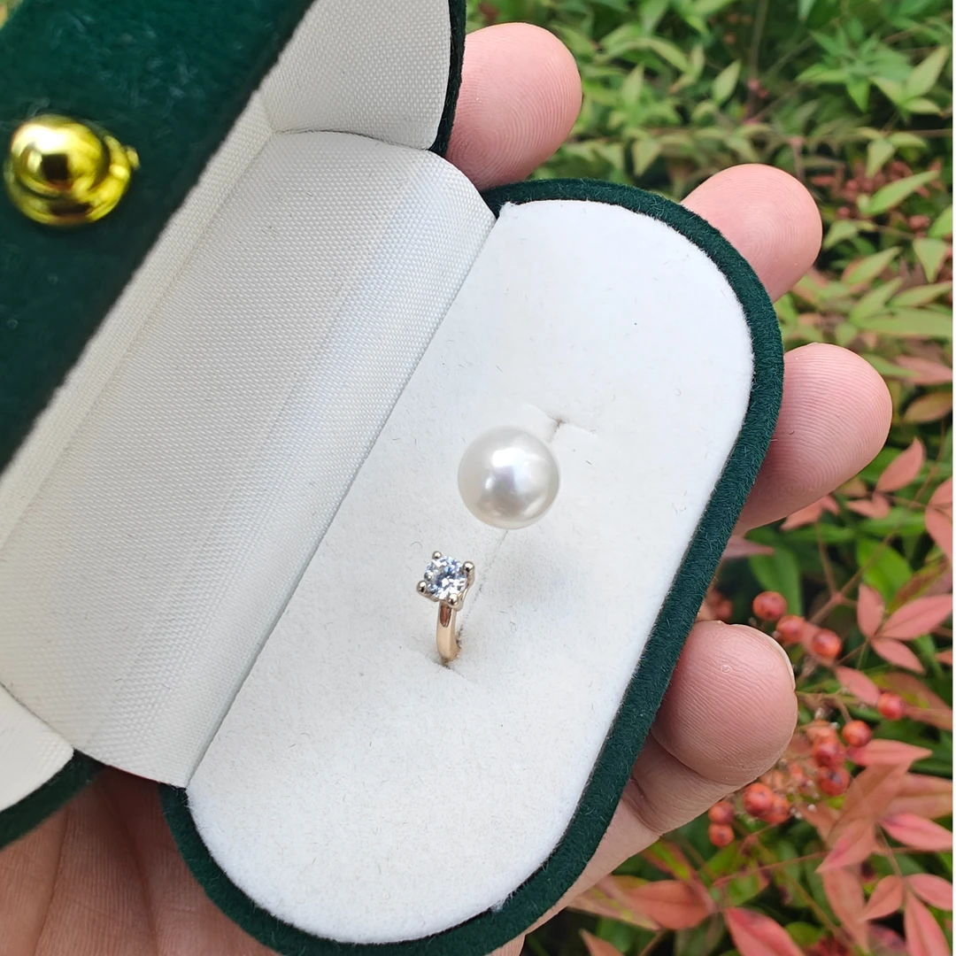 8mm天然淡水珍珠戒指基本无暇18k镀金镶钻开口可调节时尚白色戒圈