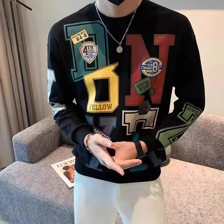 卫衣男秋冬季潮牌印花宽松加绒圆领套头长袖T恤男士百搭休闲上衣