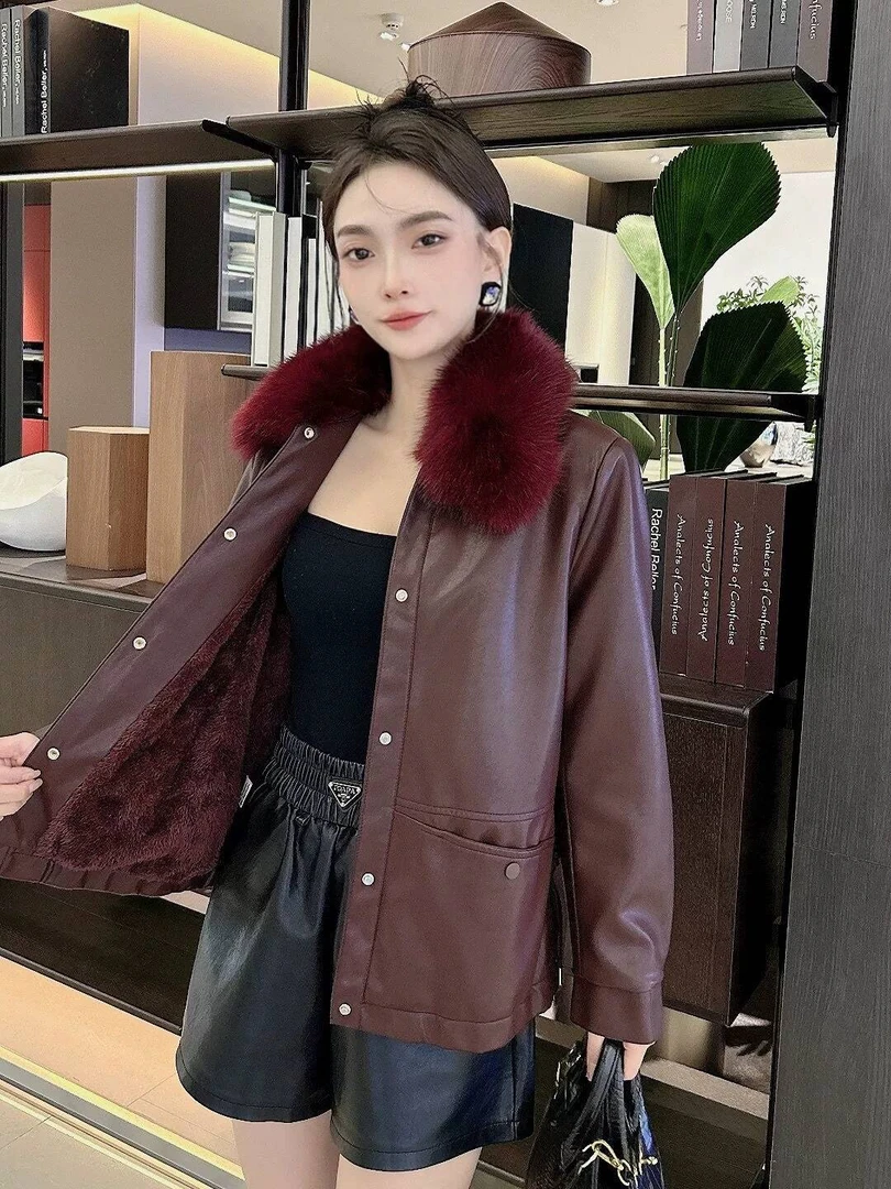 大码95-175斤加绒加厚  皮衣女外套短款宽松休闲气质软皮上衣女