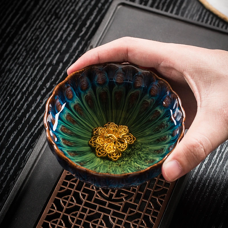 窑变镶金主人杯陶瓷花瓣品茗杯茶具茶盏单个茶碗家用功夫茶杯建盏