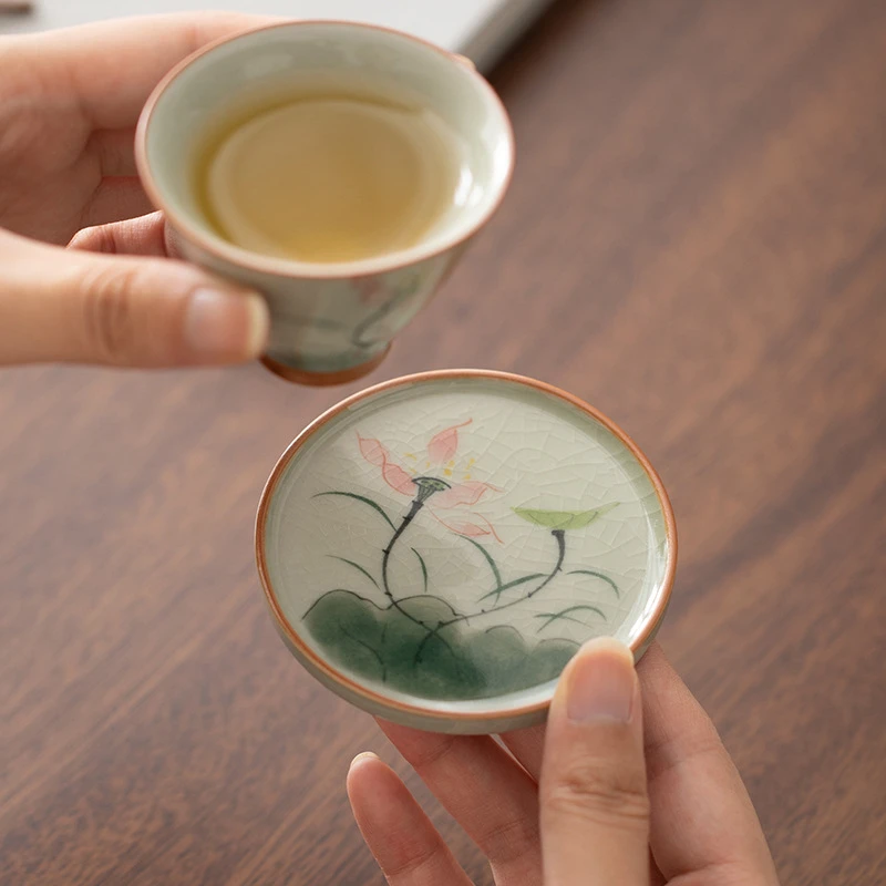 手绘荷花哥窑杯垫 陶瓷冰片釉开片圆形隔热防烫杯托 功夫茶道配件