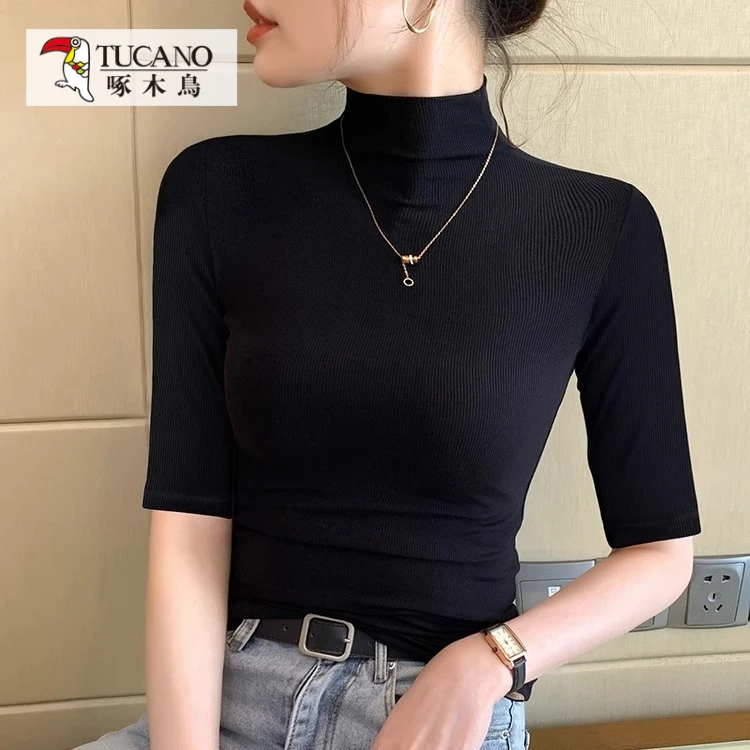 啄木鸟气质半高领中袖T恤女春秋高级感修身五分袖打底衫纯色上衣