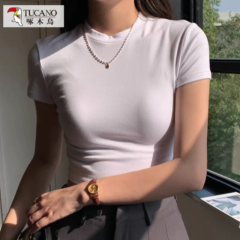 啄木鸟JS螺纹正肩圆领短袖t恤女夏修身高腰短款打底衫基础款上衣