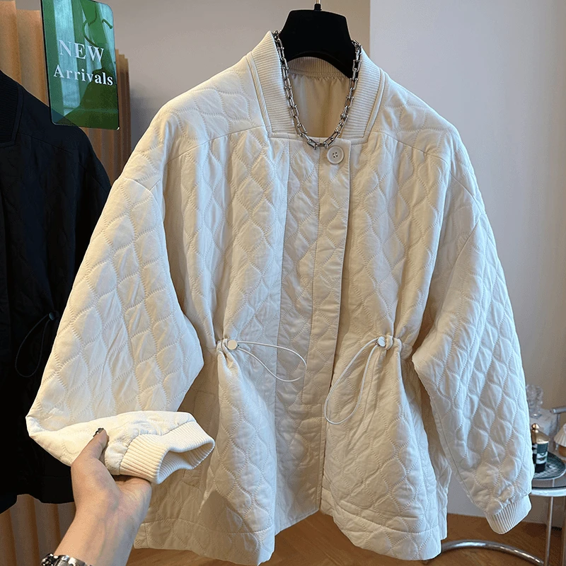 精致小众设计感绗缝菱格抽绳收腰轻薄棉服女秋冬百搭气质棉衣外套