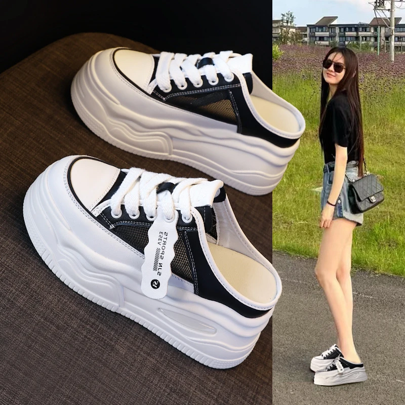 厚底增高外穿半托白鞋女2024夏季新款百搭系带时尚网红松糕休闲鞋