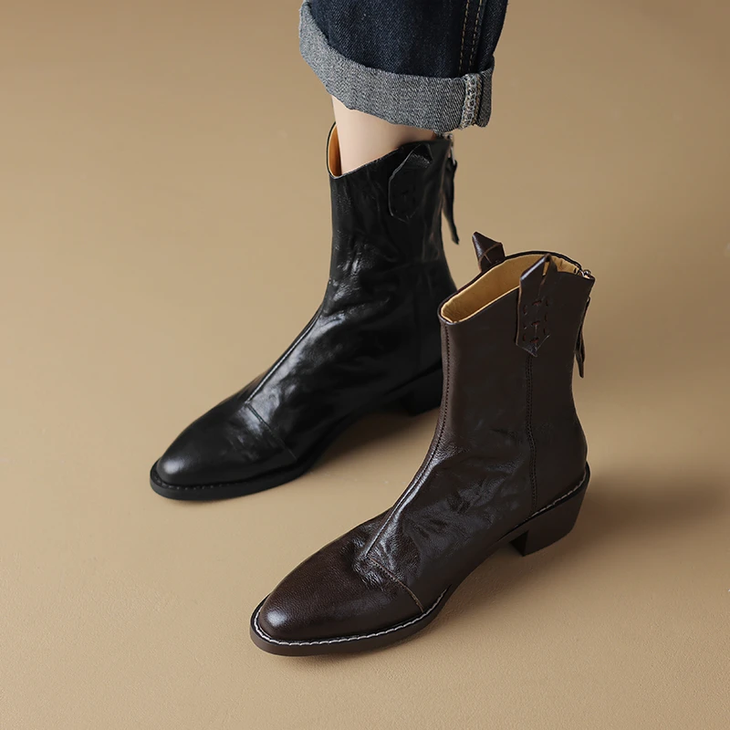 2023新款复古手工女鞋真皮粗跟短靴百搭后拉链法式高跟女靴子