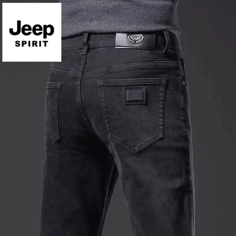 JEEPSPIRIT吉普黑色牛仔裤男秋冬季新款宽松直筒休闲百搭长裤加绒