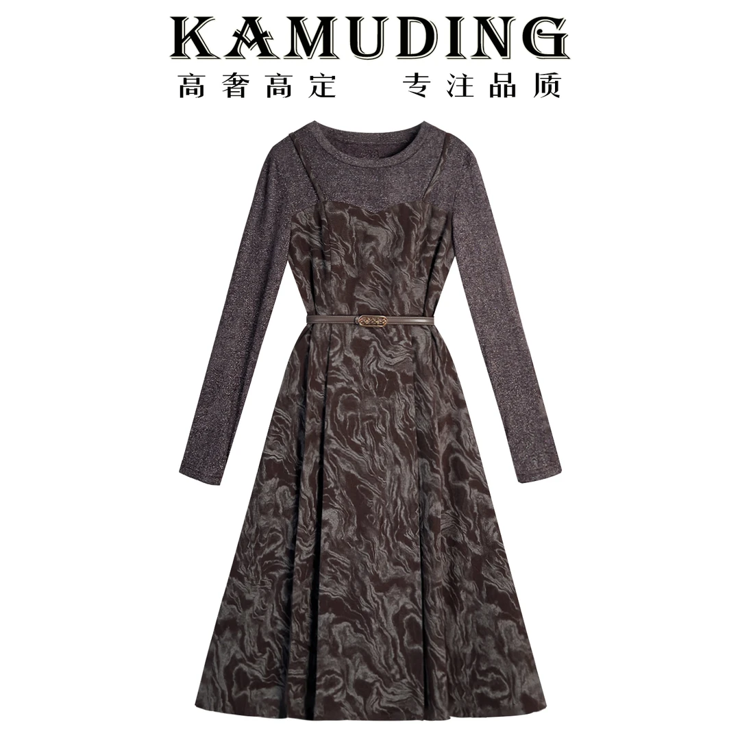 KAMUDING2024秋冬新款法式气质收腰显瘦吊带假两件连衣裙8502
