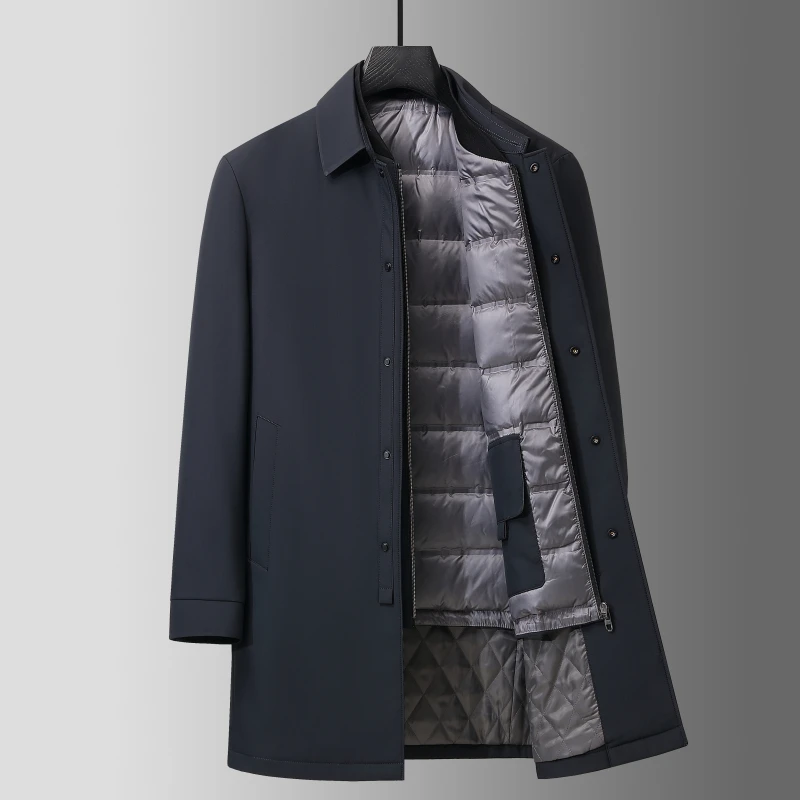 中老年男装冬季爸爸羽绒服可拆卸中长款风衣外套翻领简约商务大衣