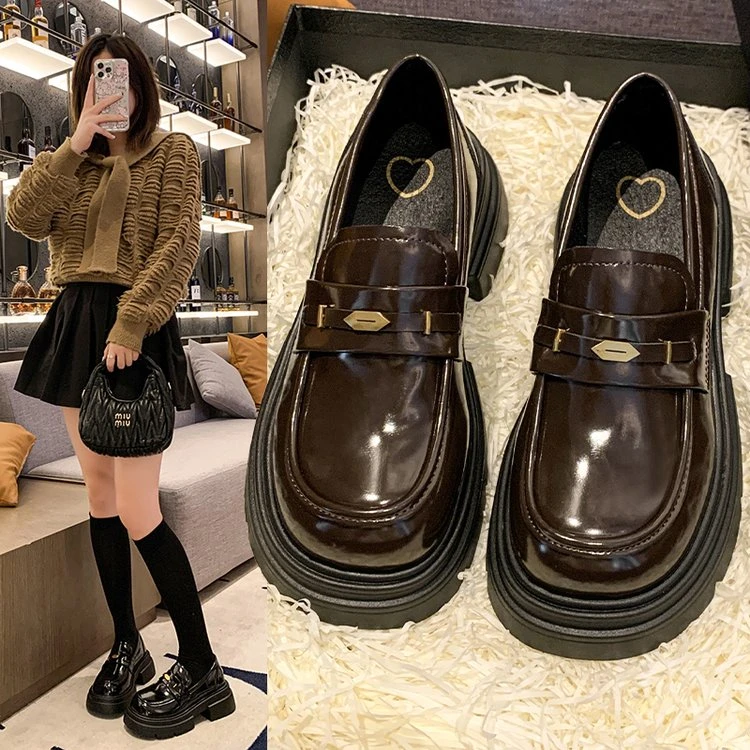 黑色圆头厚底乐福鞋女新款小皮鞋女英伦秋季复古时尚