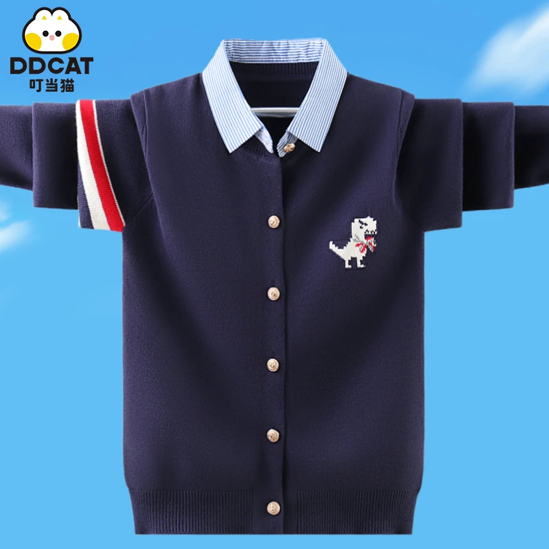 叮当猫男童开衫假两件毛衣春秋纯棉新款中大童帅气针织衫儿童外套