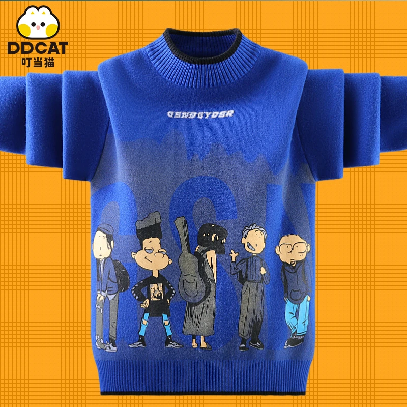叮当猫男童毛衣一体绒2023秋冬新款中大童休闲洋气儿童针织打底衫