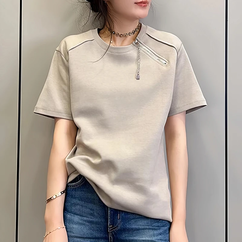 纯棉斜拉链短袖t恤衫女士夏季2025小众设计感宽松版卡其半袖上衣