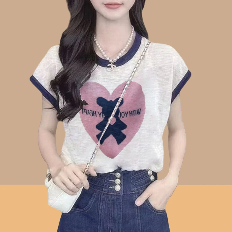 品质女装竹节棉时尚印花短袖T恤女2025新款夏季宽松女士短袖t恤