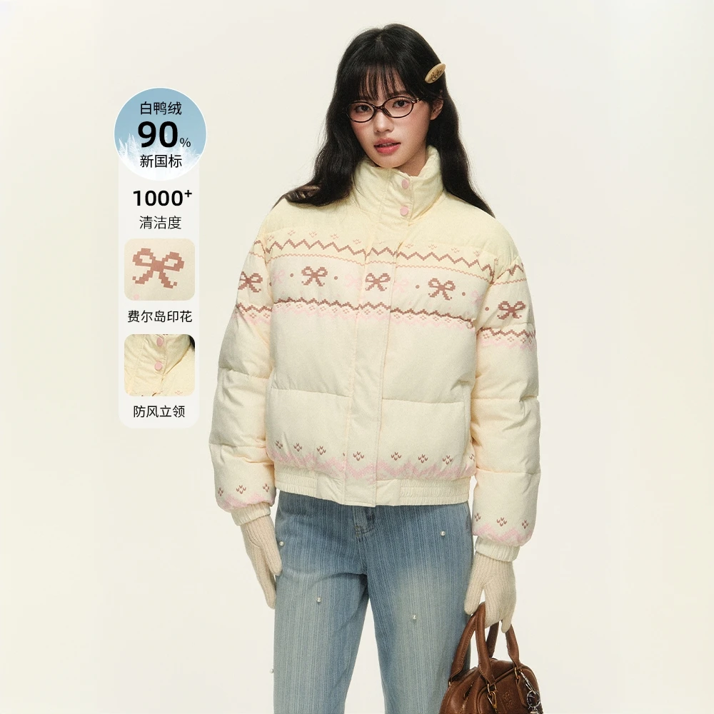 NTOT【奶油泡芙】冬季蝴蝶结费尔岛印花短款羽绒服外套NOTWT24462