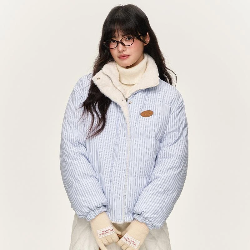 NTOT秋冬保暖可爱基础简约外套正反两穿条纹毛毛棉服NOTWT24530