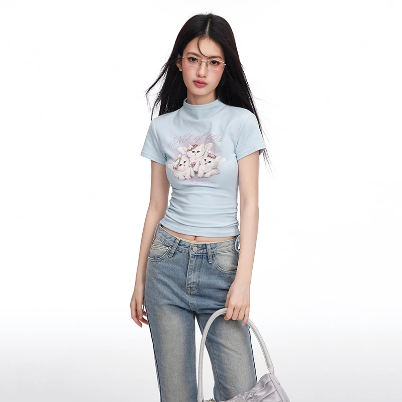 清NTOT原创复古天使小猫半高领印花T恤修身显瘦短款上衣NOTTX2408