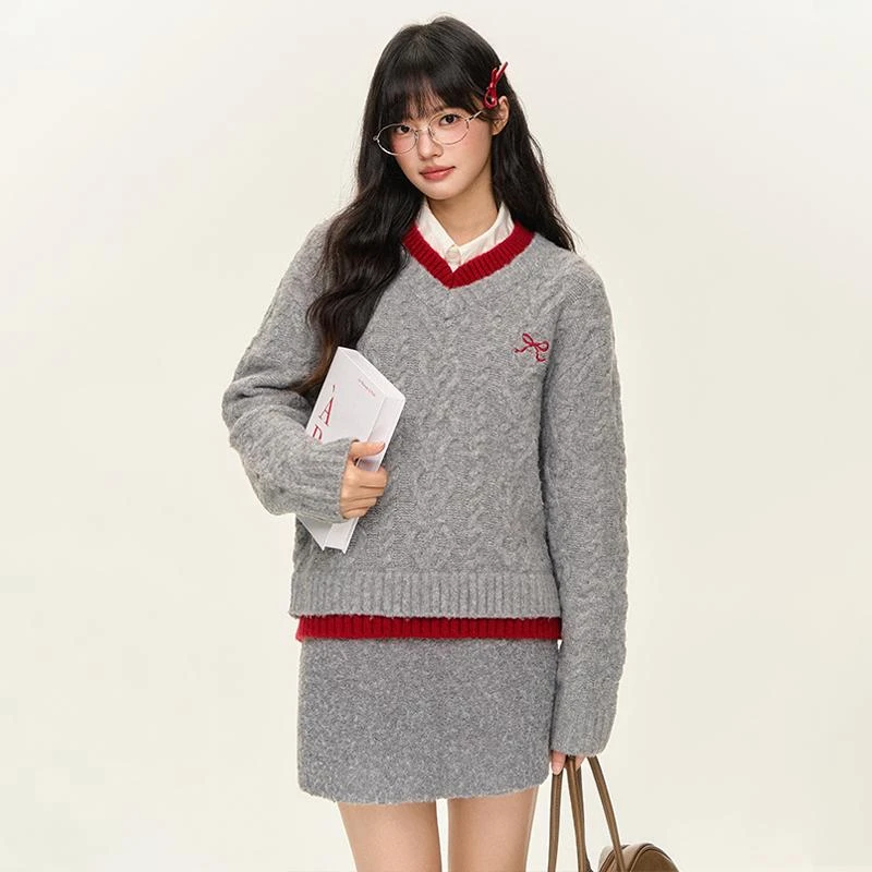 清NTOT多色百搭基础学院少女针织衫假两件V领绞花毛衣NOTMY24535