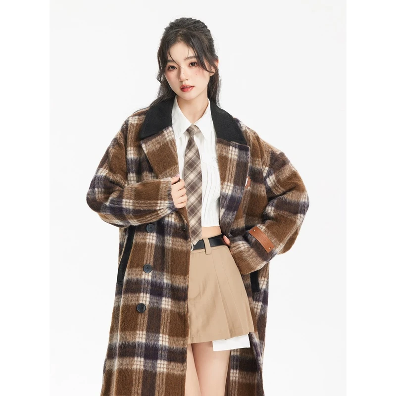 NTOT 保暖复古拼接格纹长款大衣外套 NOTDY22259