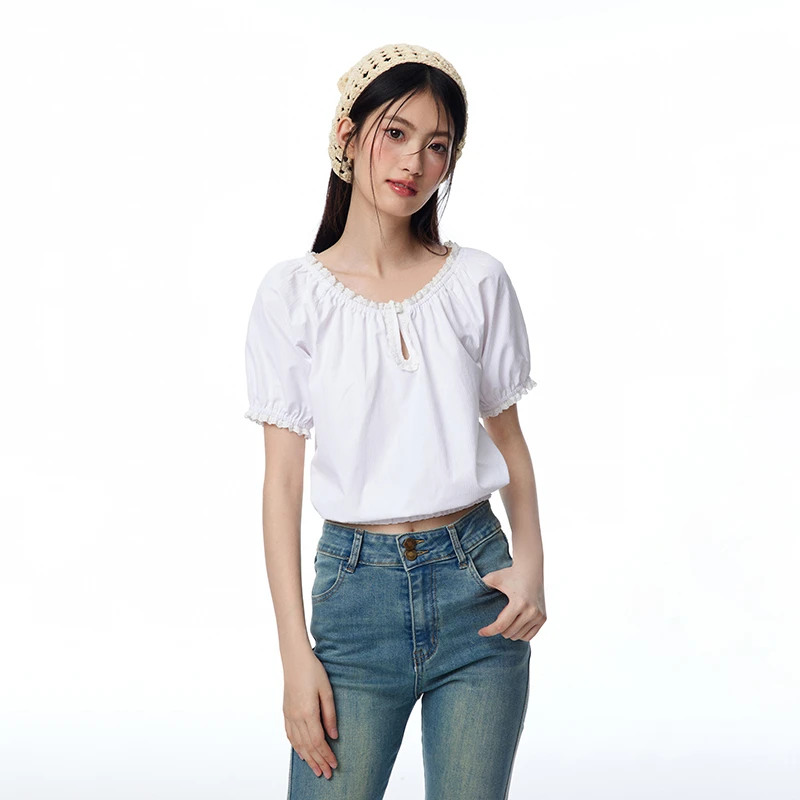 NTOT原创泡泡袖圆领花边插肩袖肌理感弹性夏日短袖上衣NOTDX24216