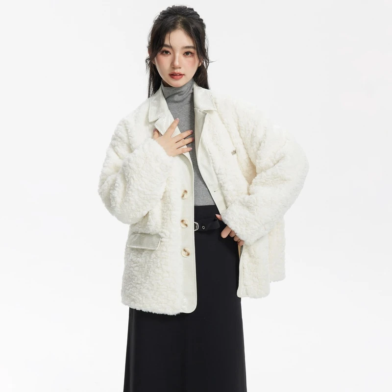 NTOT原创韩系潮牌皮领西装厚外套设计感白色夹棉女秋冬NOTXZ22285