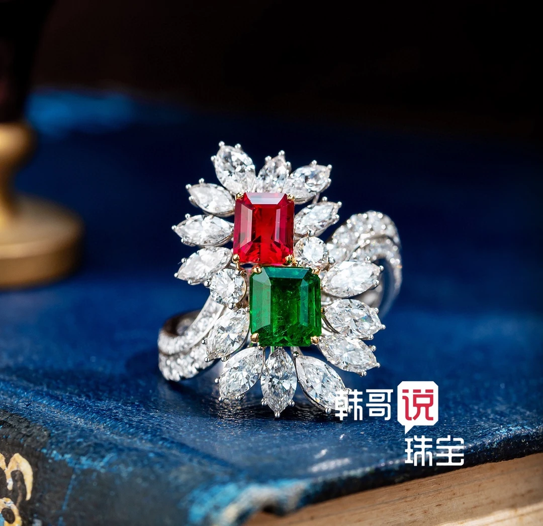 18k白金祖母绿红宝石戒指 双石戒指主石：1.14ct，副石：4.115